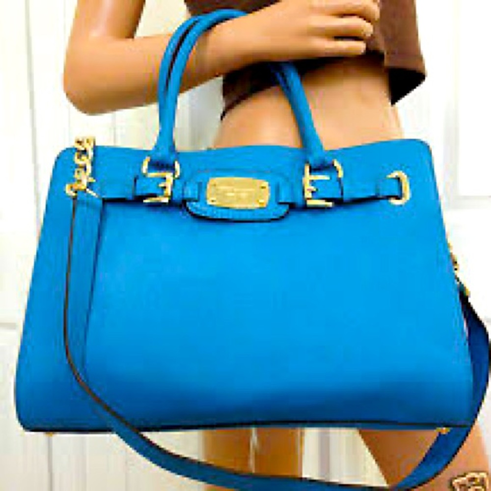 Michael Kors Hamilton Large East West Teal Gold Hardware Leather Purse Tote - Picture 3 of 13